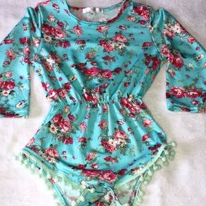 Aqua Floral Pom Pom Romper